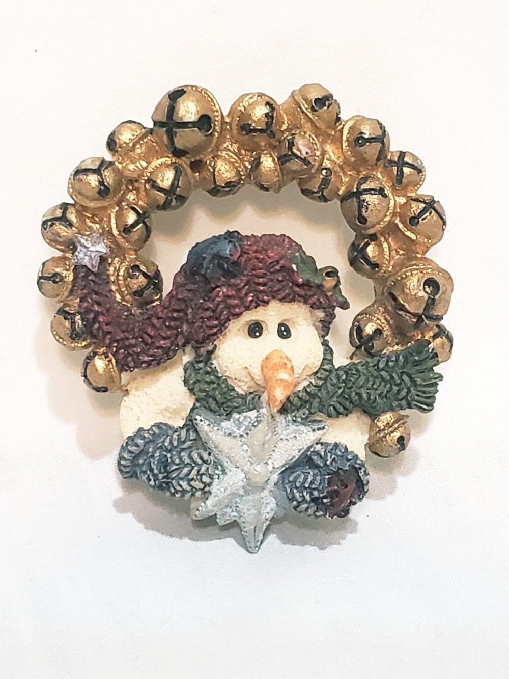 Snowman Bell Wreath Brooch Pin 2" Boyds Bears & Friends Christmas